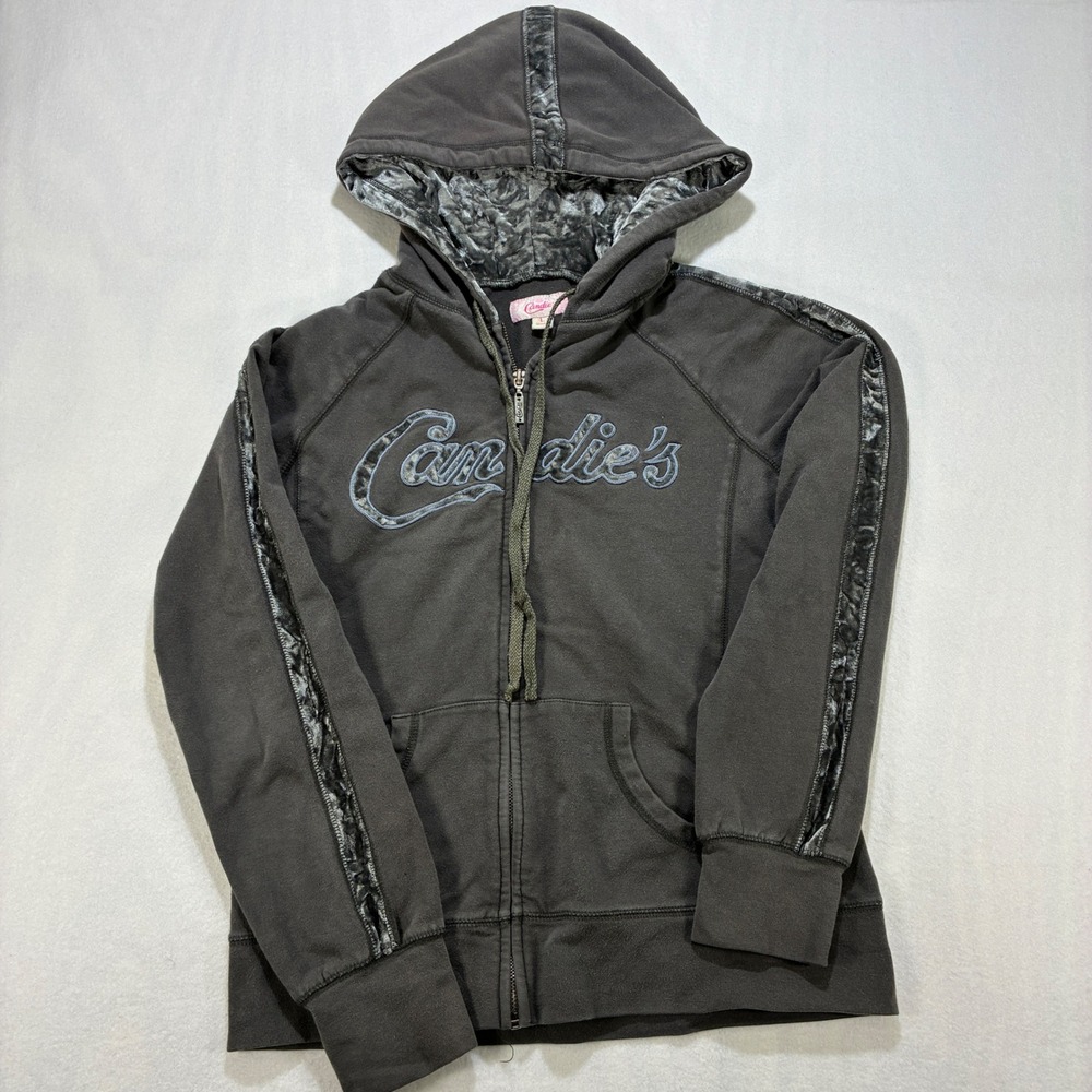 Candies Y2K Velvet Trim Zip Up Hoodie Women L McBling Crushed Velvet Gray Black
